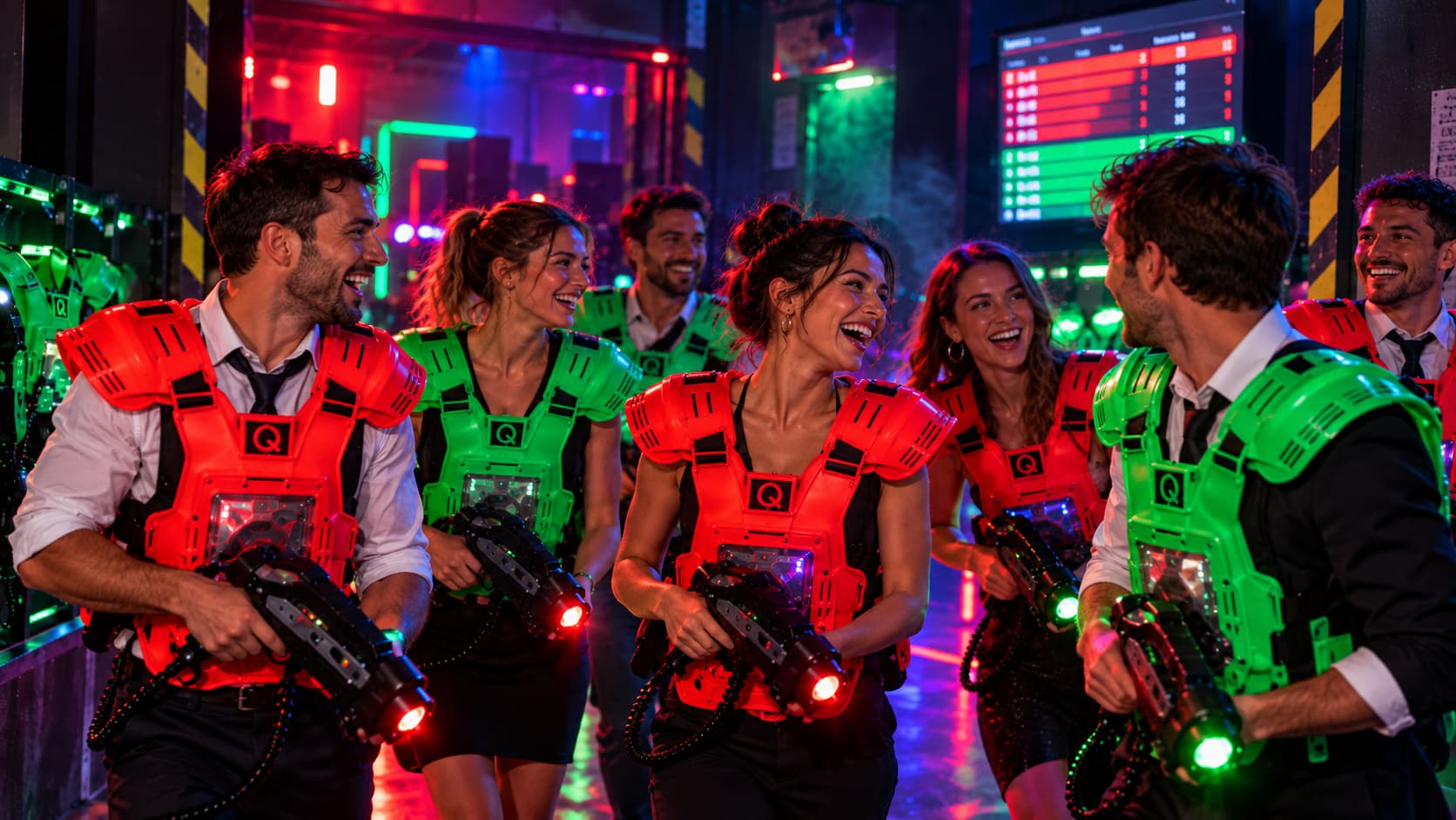 Gruppo di amici dopo una partita di laser tag a Brescia