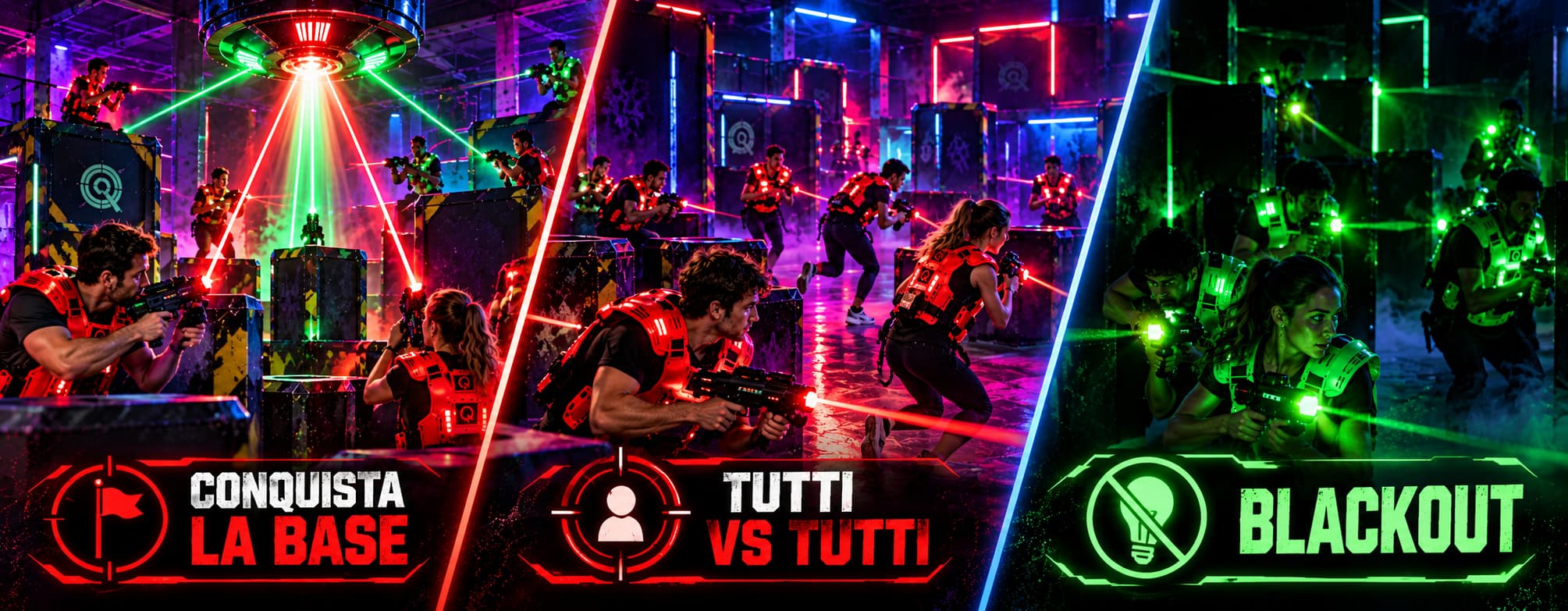 Le tre modalità di gioco del laser tag: squadre, tutti contro tutti e blackout